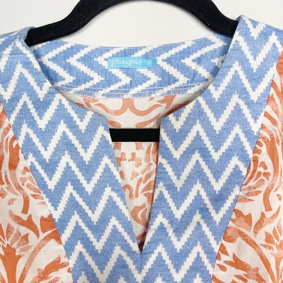 J McLaughlin XSmall XS Coral Orange Blue Printed Split V Neck Tunic Cotton Top - Picture 3 of 7